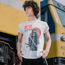 Load image into Gallery viewer, Sengoku Samurai Shirt is the best selling Samurai shirt. Is this the great Miyamoto Musashi? This Samurai is depicted with full Tosei-gusoku armor ready for battle with katana drawn. The high quality design shows the fine armor details. Experience the OldSkull Shirts quality. Old Skull Shirts are the coolest shirts you'll own - Oldskull Shirts Store USA the best shirt store in North America.